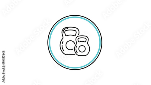 Two kettlebell weights in an outline style, enclosed within a blue circle, symbolizing fitness, strength training, and workout.