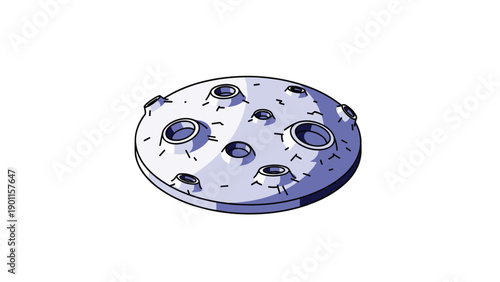 Stylized illustration of a gray moon surface or asteroid with numerous craters, depicting cosmic landscapes and outer space.