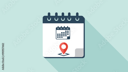 Flat design illustration of a calendar with a location pin icon, symbolizing scheduled events with specific geographic locations.