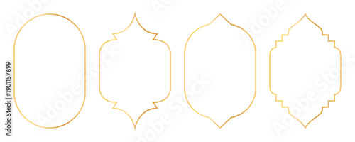 Islamic golden frames collection. Traditional Arabic door and window frames. Oriental mosque arch in luxury style. Set of outline Arabic golden frames and windows with Islamic geometric patterns