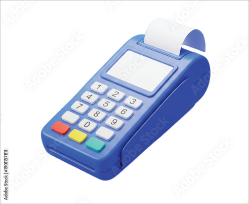 3D Blue card machine with white buttons and a paper roll. Buttons include numbers 0-9 and colorful function keys. It appears playful and bright.