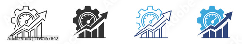 Performance Optimization Icon Set. Speed Meter Gear and Growth Chart Symbols. Vector Illustration.