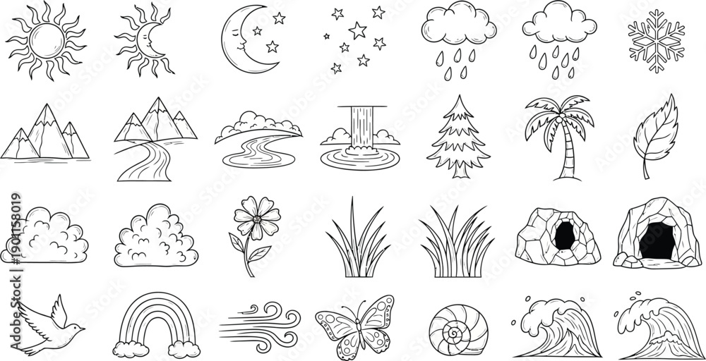 Fototapeta premium Iconic illustrations of nature and weather conditions depicted freely