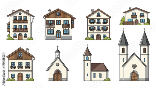 Detailed set of traditional European architecture, featuring charming village houses with balconies and ornate churches, evoking a quaint atmosphere.