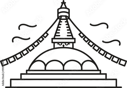 Buddhist stupa line icon. Nepal, monument, prayer flags, temple, religious vector illustration