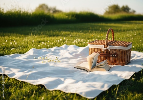 Wallpaper Mural Beautiful Spring Picnic with a Book and Basket on a White Blanket Torontodigital.ca