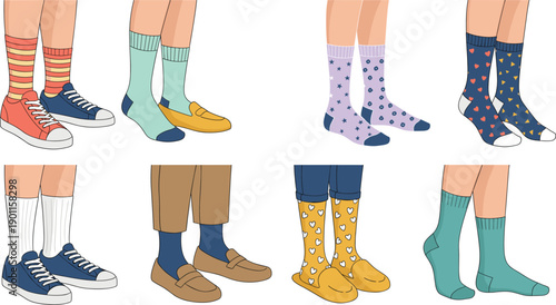 Colorful Sock And Footwear Collection Featuring Patterned Stockings Sneakers Loafers And Rain Boots In Casual Vector Illustration