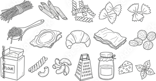 Iconic illustration of various food items and kitchen tools on a table