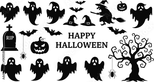 Happy Halloween silhouette illustration set with ghosts bats witch pumpkin spooky tree graveyard elements, black horror clipart vector collection