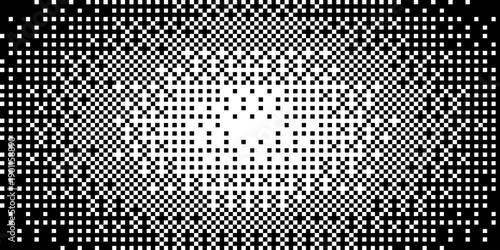 Abstract halftone bitmap overlay background banner with a pixel square pattern for tech designs, posters, flyers, web backgrounds, digital art, album covers, and modern graphic projects. Vector