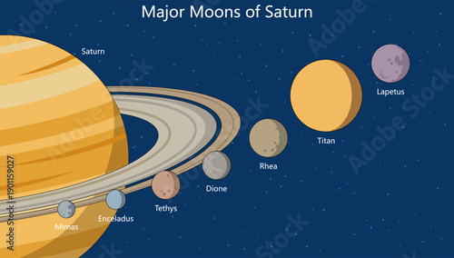 Saturn and its major moons including Titan, Rhea, Iapetus, and others against a starry background diagram hand drawn schematic vector. Science educational illustration
