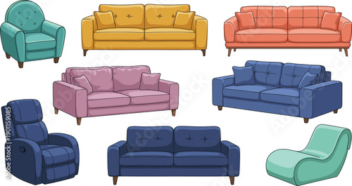 Colorful Sofa And Armchair Furniture Set With Modern Living Room Seating In Cozy Flat Vector Illustration