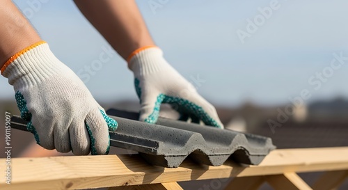 Hands laying concrete tiles on a roof structure during construction stage © Nusantara