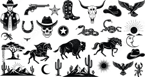 Vintage wild west vector collection featuring cowboy portraits, sheriff badges, revolvers, desert animals, and mountain landscapes for southwestern branding and graphic design projects.