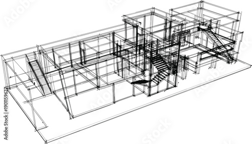 Complex architectural building structure wireframe 3D skeletal frame vector illustration isolated on white background for engineering design