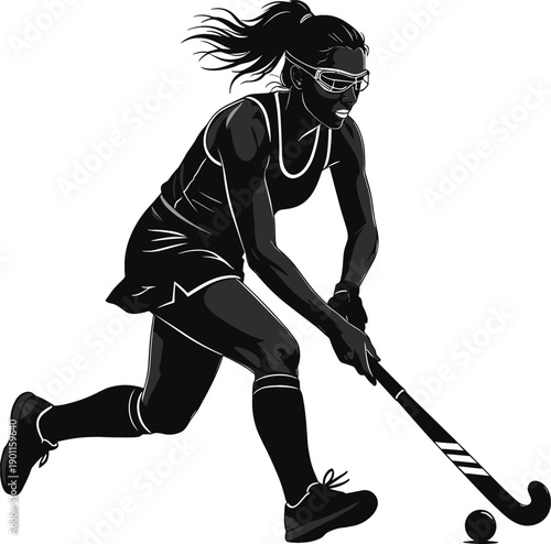 Professional female field hockey player in action running with stick and ball vector illustration isolated on white background