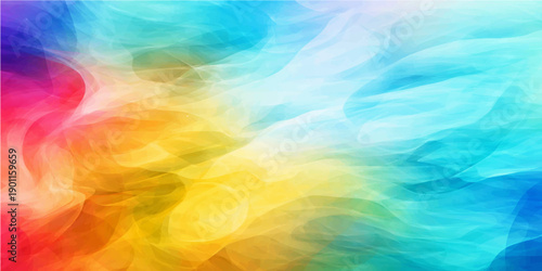 A vibrant abstract watercolor background features a bright rainbow design with soft pastel waves and a blurred motion texture reminiscent of a colorful sunset sky
