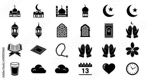Islamic Icons Set Collection with Moon, Mosque, Prayer Mat, Holy Quran, and Rosary