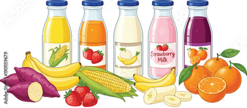 Assorted fruit and vegetable milk bottles illustration with banana, strawberry, orange, corn and sweet potato, healthy flavored drinks concept for nutrition and dairy.