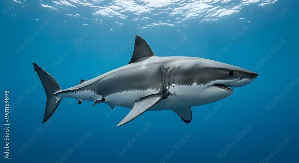 Obraz premium Majestic Great White Shark Gliding Through Crystal Blue Ocean Waters Near Surface