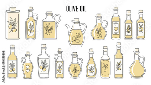 Comprehensive collection of high-quality olive oil in various elegant bottles and jugs, adorned with natural olive branches, ideal for healthy cooking.