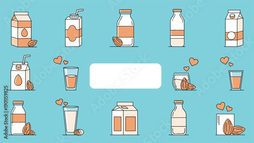 Extensive collection of almond milk products, including various cartons, bottles, and glasses, accompanied by almonds on a vibrant blue background.