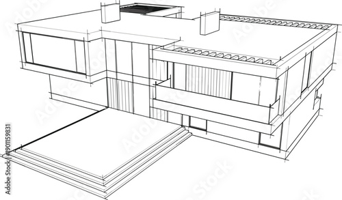 Modern residential house architectural 3D wireframe sketch vector illustration isolated on white background for home design and construction