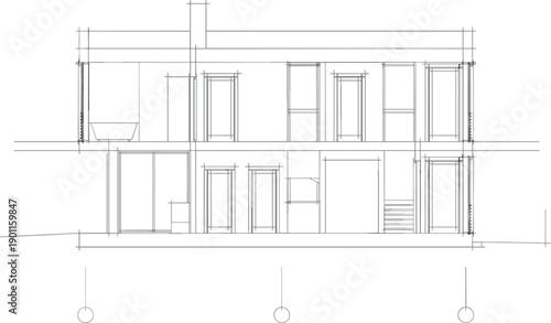 Modern two story house architectural section drawing wireframe sketch vector illustration isolated on white background for engineering design