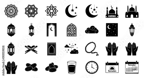 Islamic cultural symbols and objects related to Ramadan and Eid celebrations