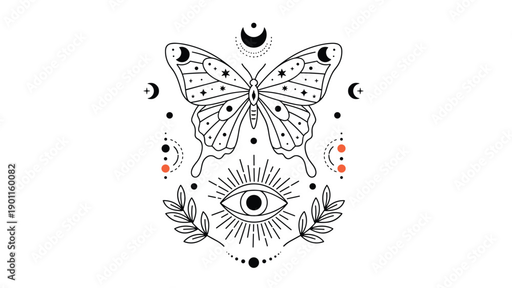 Obraz premium Intricate line art illustration featuring a mystical butterfly, celestial moons, an all-seeing eye, and delicate leaves, invoking a spiritual and magical theme.