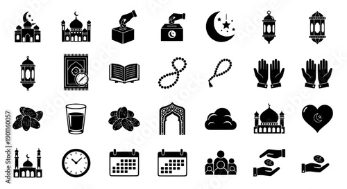 Islamic Icons Collection - Ramadan, Prayer, Mosque, Quran, Dates, Clock, Calendar, Charity, Heart
