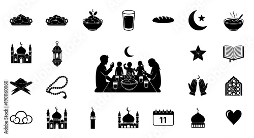 Comprehensive Vector Icon Set Celebrating Islamic Ramadan Traditions, Fasting, and Family Gatherings