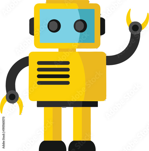 Cute yellow robot character with waving hand flat vector illustration isolated on white background for technology and AI design