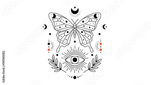 Intricate line art illustration featuring a mystical butterfly, celestial moons, an all-seeing eye, and delicate leaves, invoking a spiritual and magical theme.