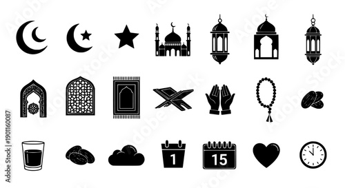 Islamic Icons Collection - Ramadan and Eid Symbols, Prayer, Mosque, Quran, Dates, Stars, Moon