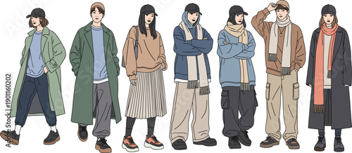 Urban Street Fashion Outfit Set With Young People Wearing Oversized Coats Scarves Beanies And Casual Autumn Winter Clothing