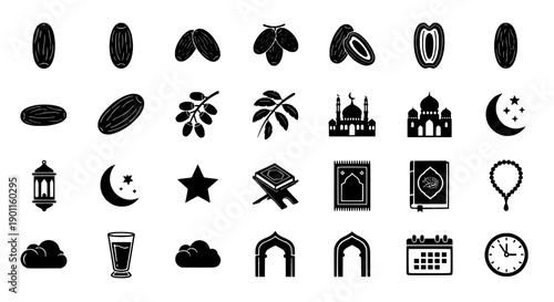Islamic Icons and Symbols Collection Ramadan, Eid, Mosques, Dates, Stars, Moon, Clock, Calendar