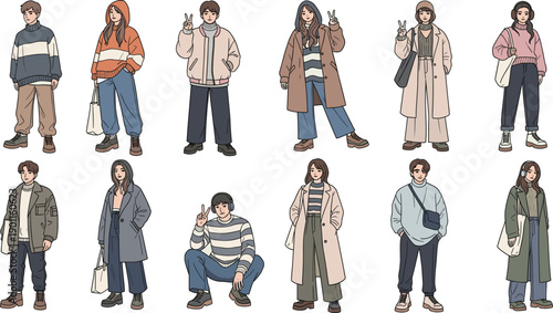 Casual Autumn Winter Street Fashion Outfit Collection Featuring Young Men And Women Wearing Coats Sweaters And Sneakers In Vector Illustration