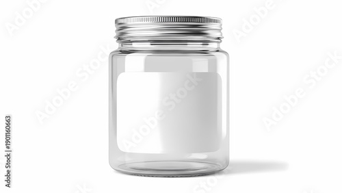 Empty glass jar with metal lid on white background