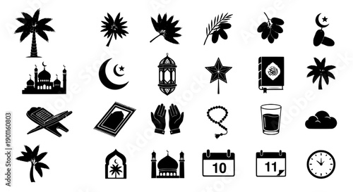 Collection of Islamic and Ramadan symbols mosque, crescent moon, prayer rug, rosary, calendar, clock
