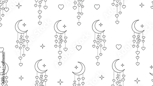 Enchanting seamless pattern featuring celestial crescent moons with delicately hanging hearts and twinkling stars, creating a romantic and magical atmosphere.