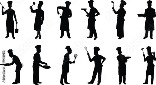 Chef silhouette set showing cooking and serving poses with kitchen tools, professional culinary workers, restaurant service, isolated black vector collection for design use