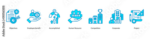 Organizational Goals web banner icon vector illustration featuring Objectives, Employee benefit, Accomplished, Human Resource, Competition, Corporate, and Project.