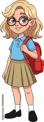 Cartoon schoolgirl character wearing glasses and backpack, cute student illustration isolated on white background, education concept for kids learning, school life, and childhood.