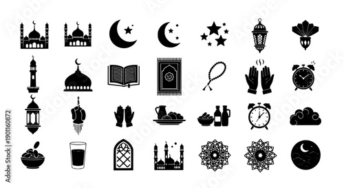 Essential Vector Icons Depicting Islamic Culture, Ramadan Traditions, and Religious Observances