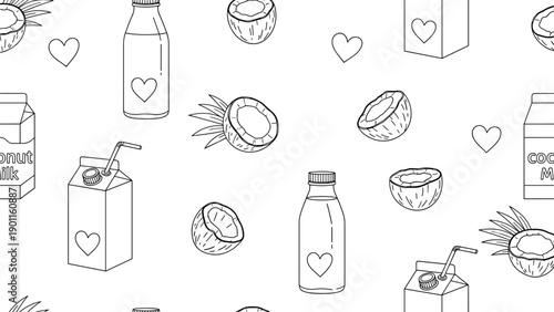 Refreshing seamless pattern featuring coconut milk cartons, bottles, and halved coconuts, emphasizing healthy, plant-based, and tropical beverage options.