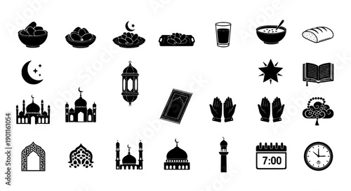 Diverse vector icon set representing core Islamic faith, holy month traditions, and spiritual heritage