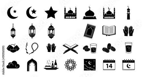 Islamic symbols and icons set including mosques, stars, moons, Quran, prayer beads and lanterns