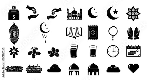 Islamic Icons Set Ramadan, Eid, Mosques, Quran, Dates, Lanterns, Prayer Beads, Stars, and Crescent Moon