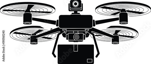 Professional delivery drone carrying package box vector illustration isolated on white background for logistics and future technology design